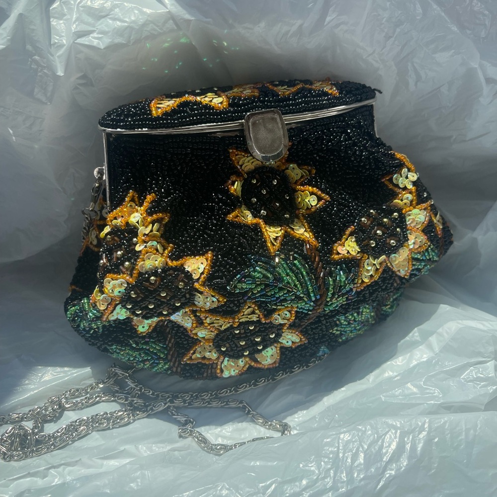 Elegant Black Beaded Floral Women's Bag